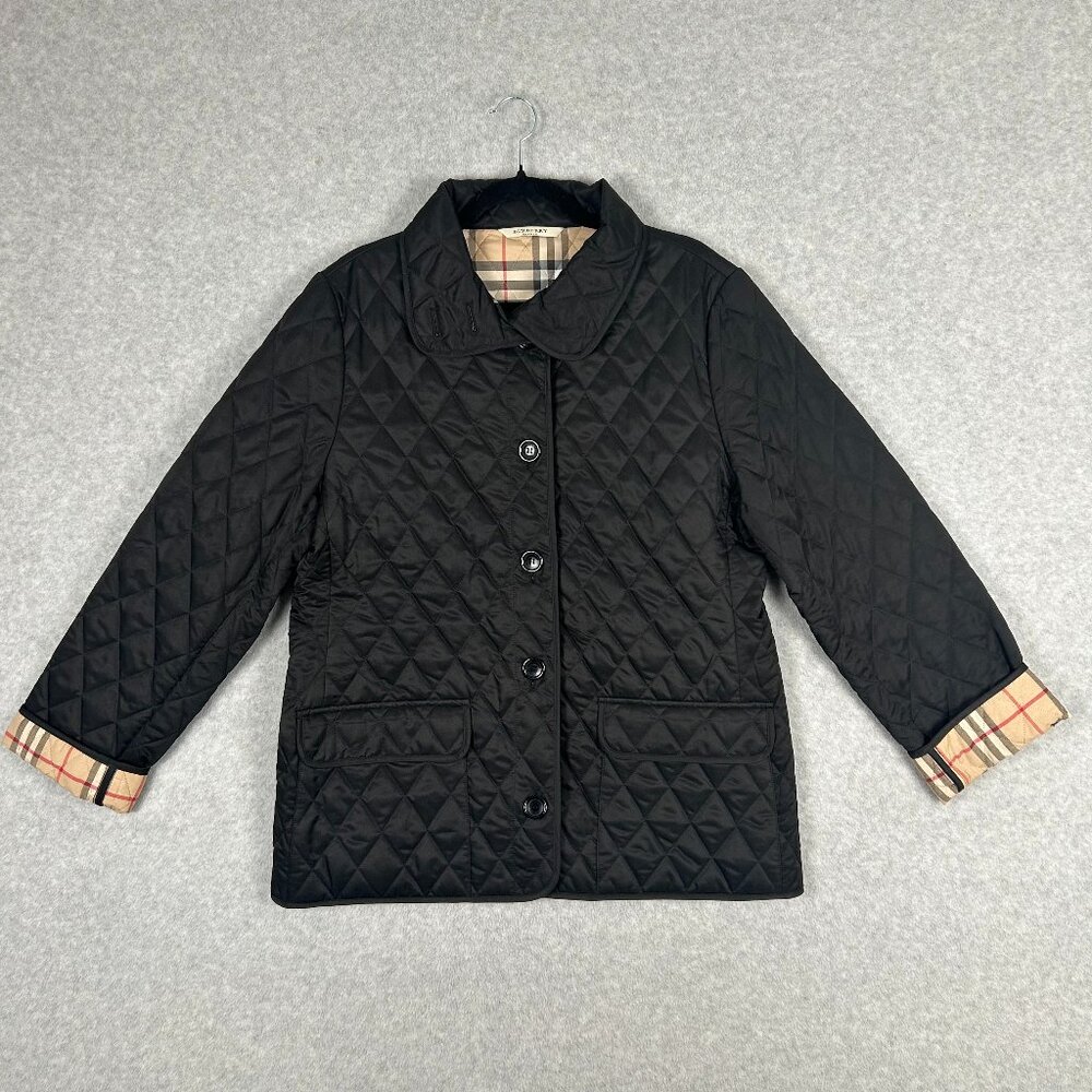 Womens Burberry Quilted Black Jacket Size M Nova Check Button
